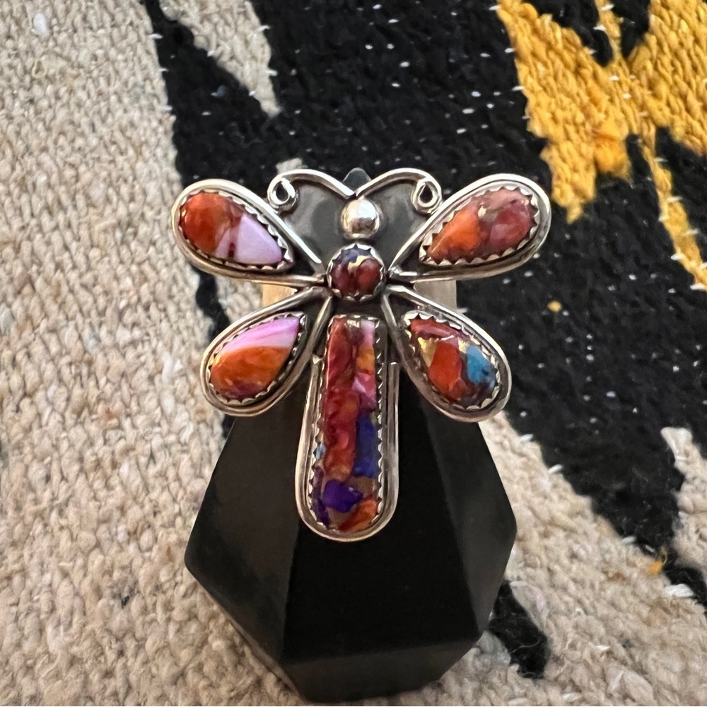 ❤️ Pink Dahlia 925 Dragonfly Southwestern Adjustable Navajo Statement Ring 12.5G